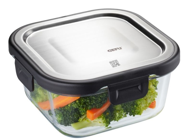 GEFU MILO, Container, Rektangulær, 0,5 L, Grå, Transparent, Borosilikatglas, Plast, Silikone, Rustfrit stål, Frugter