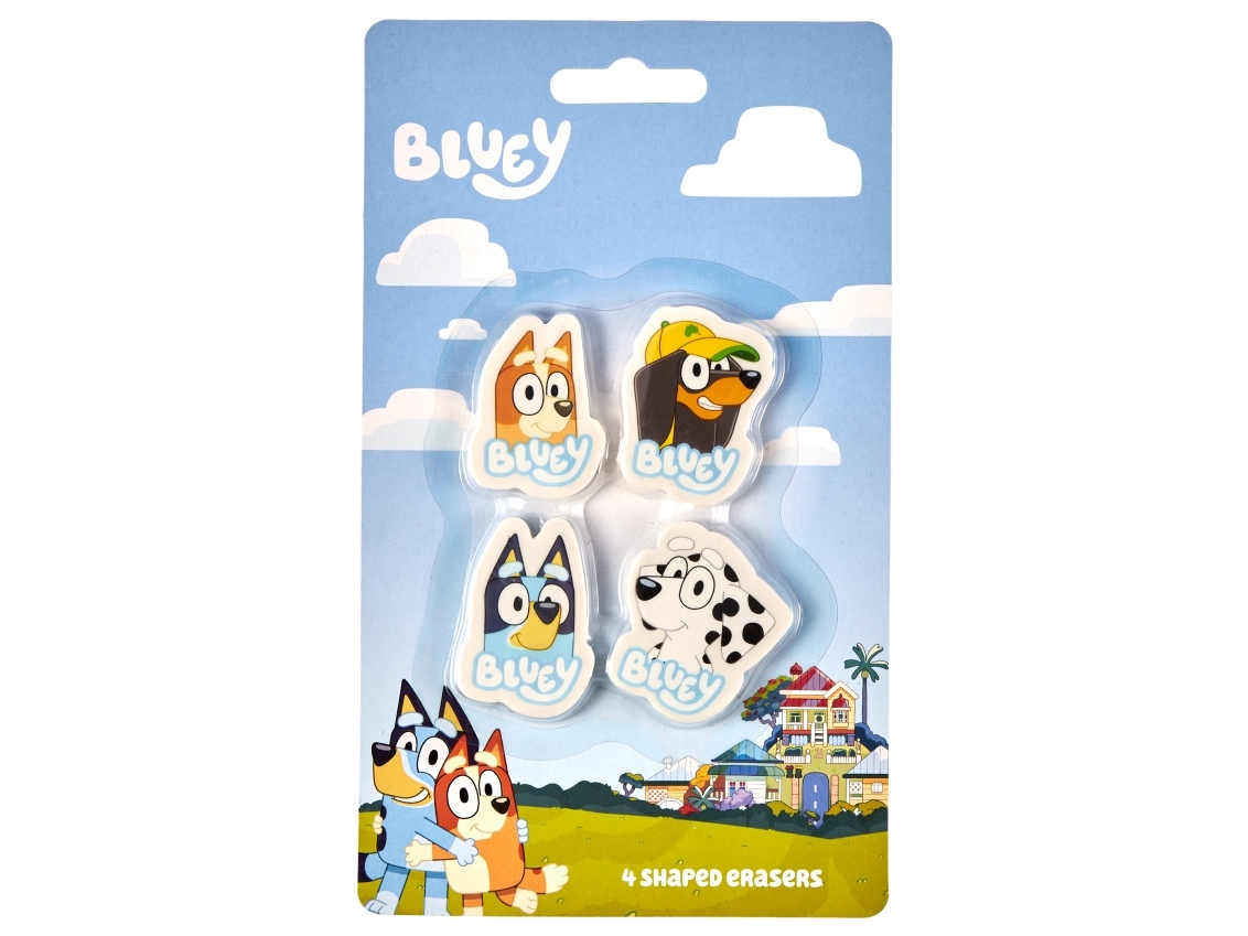 Euromic Bluey 4-pack erasers - 4 shaped erasers packed in acetate box with eurohole (size of box 5.2 x 16 cm) CE & 0-3 years pictogram