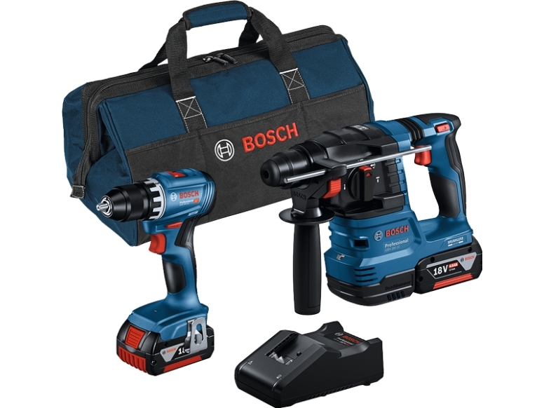 Bosch kombinationsset sladdlös borrskruvdragare GSR 18V-45 + sladdlös slagborrmaskin GBH 18V-22 (blå, 2x Li-ion-batteri 4,0Ah, verktygsväska)