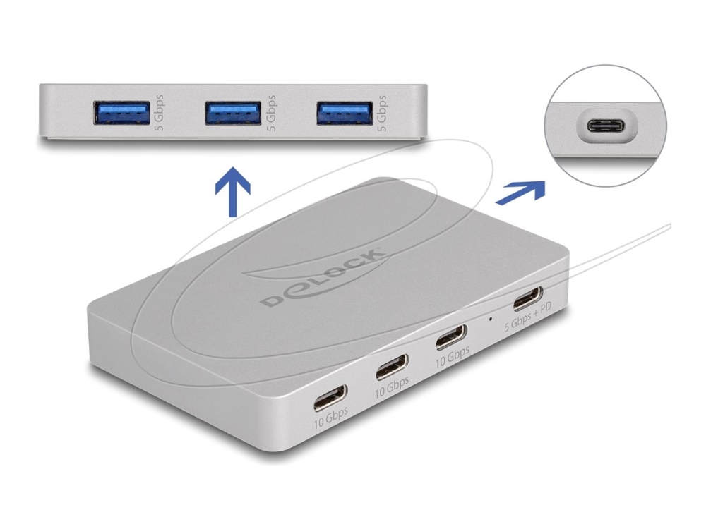 Delock - Hub - With Power Delivery 82 Watt - 3 X Usb-C 3.2 Gen 2 + 3 X Superspeed Usb + 1 X Usb-C (Strømforsyning) - Desktop