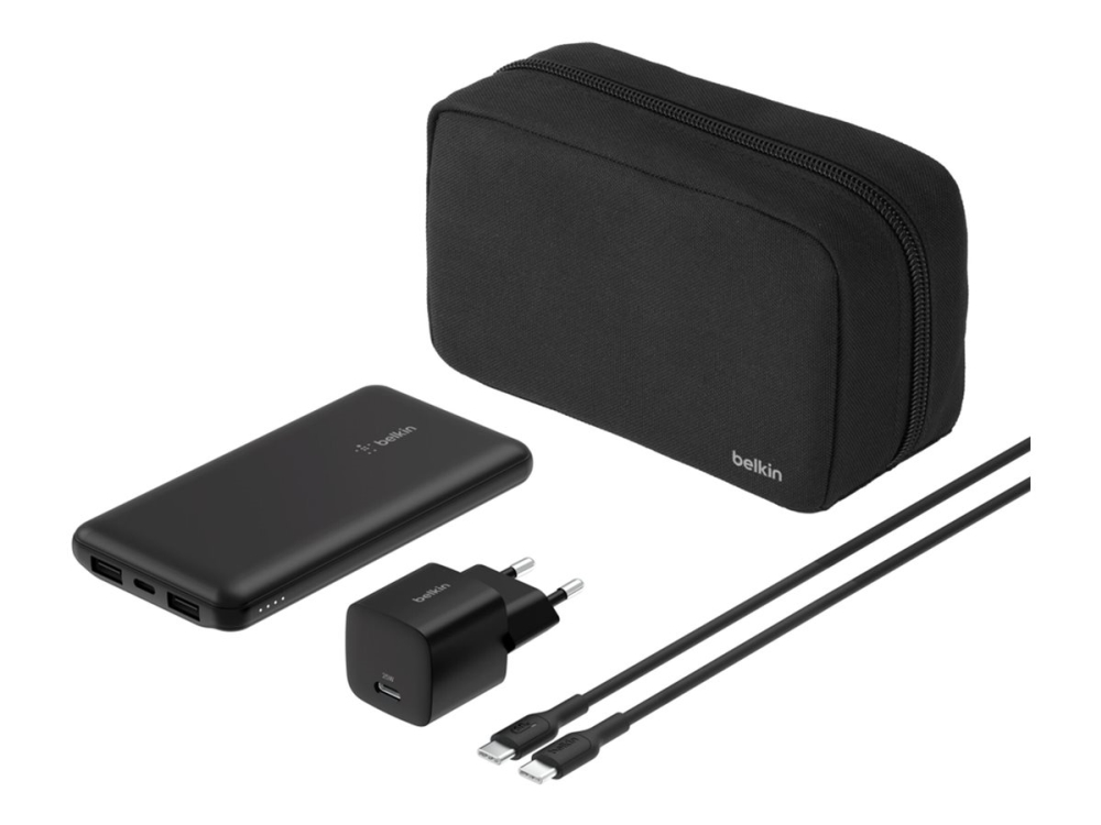 Belkin BoostCharge - Strömförsörjningsbank + växelströmsadapter - 10000 mAh - PD - 3 utdatakontakter (24 pin USB-C, 2 x USB) - på kabel: USB-C - Europa - med zippered pouch case | Tele & GPS - Batteri & Laddare - Strömförsörjningsbanker | GameStuff