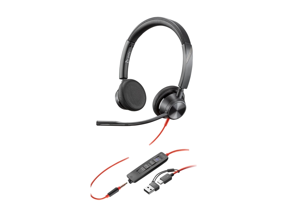 HP Poly Blackwire 3325 - Blackwire 3300 series - headset - på øret - kablet - 3,5 mm jackstik, USB-C - sort - Certified for Microsoft Teams, UC-certificeret