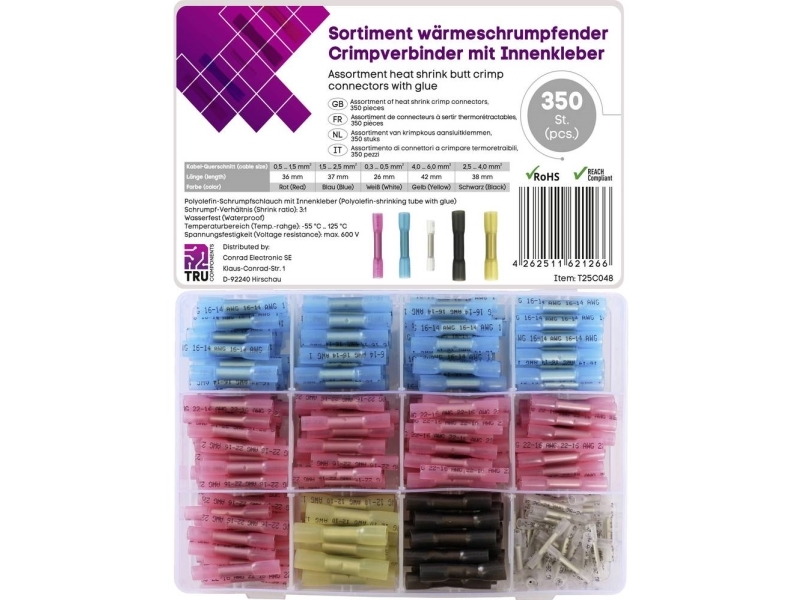 Tru Components T25c048 Crimpkonnektor Med Krympeslange 0.3 Mm² 6.0 Mm² Helisoleret Hvid, Rød, Blå , Sort, Gul 350 Stk