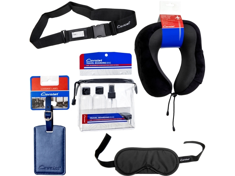 Resekit 5 (Nackkudde, Reseflaskor, Bagagetag Blå, Bagagerem, Sovmask)