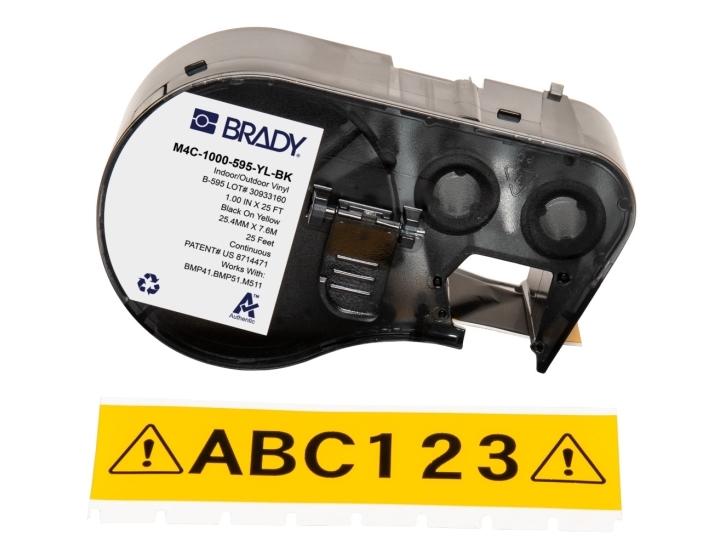 Brady M4c-1000-595-Yl-Bk, Sort, Gul, Selvklæbende Printeretiket, Kontinuerlig Etiket, Vinyl, Termisk Overførsel, Akryl