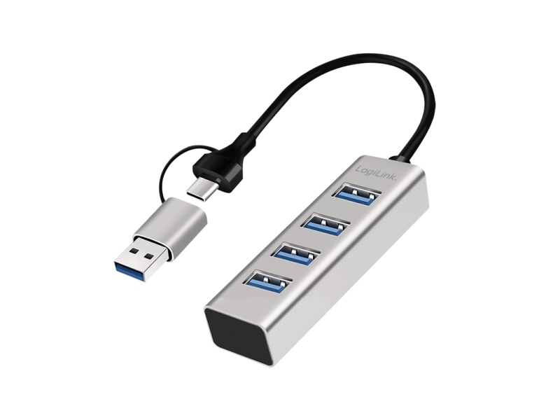 LogiLink UA0455, USB 3.2 Gen 1 (3.1 Gen 1) Type-A + Type-C, USB 3.2 Gen 1 (3.1 Gen 1) Type-A, 5000 Mbps, Alumiini, Alumiini, 0,15 m