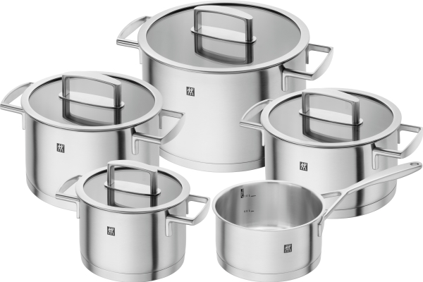 ZWILLING Vitality Grytset/box 5-delar & 4 glaslock. Innehåller: kastrull 1,5 L 16 cm - gryta 2 L 16 cm med lock - gryta hög 3 L 20 cm med lock - gryta 3,5 L 20 cm med lock - gryta 6 L 24 cm med lock