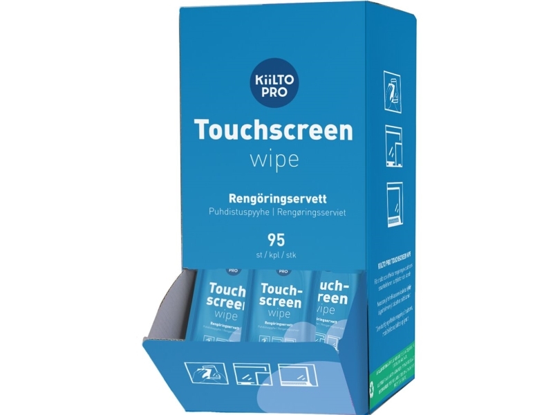 Wipes, Kiilto Pro, til desinfektion af touchscreen, 14,5% IPA - (95 stk.) - i praktisk borddisplay