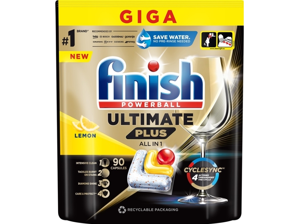 Finish Powerball Ultimate Plus alt-i-1 kapsler til opvask, citron, 90 stk