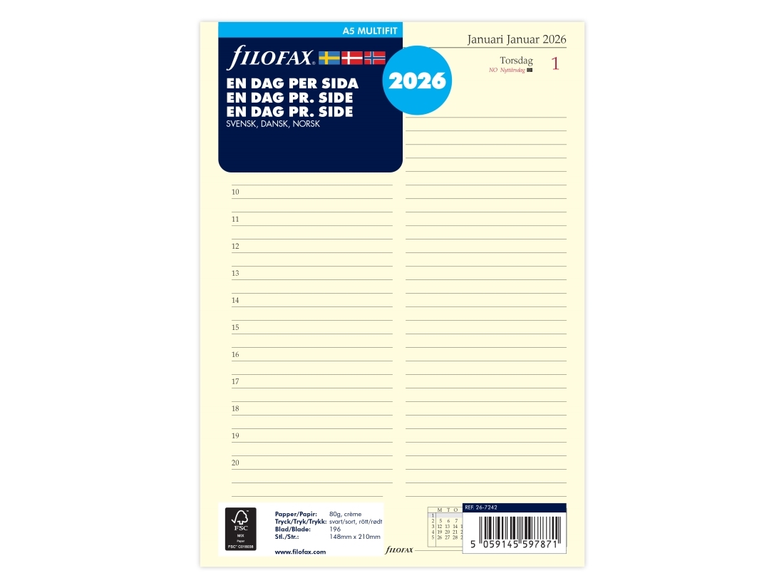 Refill A5 2026 Dag Per Siden Svensk/Dansk/Norsk | Papper & Emballage - Kalendrar & Anteckningsböcker - Kalendare | GameStuff