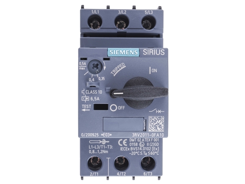 Siemens 3Rv2011-0Fa10 Leitungsschutzschalter 1 Stück Einstellbereich (Strom): 0,35 - 0,5 A Schaltspannung (Max.): 690 V/Ac (B X H X T) 45 X 97 X 97 M