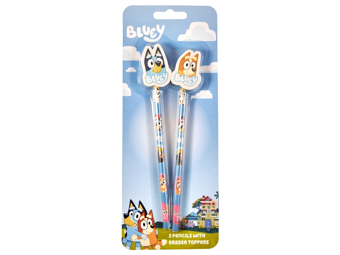 Euromic Bluey 2-pack pencils w/2 eraser toppers - triangular pencils unsharpened each with eraser topper packed on blistercard w/eurohole CE & 0-3 years pictogram