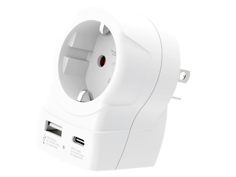 Reseadapter Europa till USA m.fl. USB-A/USB-C 20W PD Jordad | Stickproppar och uttag | GameStuff