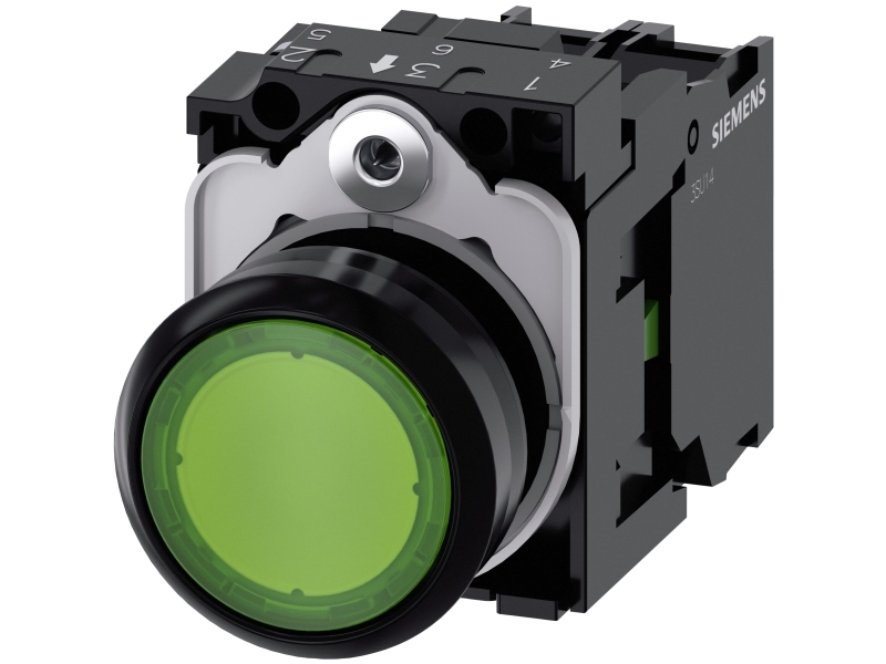 Siemens Lystrykknap, 22 mm, rund, plastik, grøn, flad, momentan kontakt type, med holder, 1no, led modul