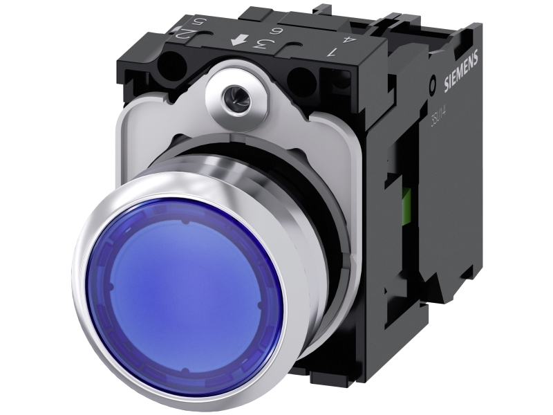 Siemens Oplyst trykknap, 22 mm, rund, metal, skinnende, blå, flad knap 3su1152-0ab50-1ba0