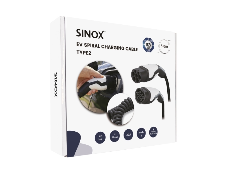 Sinox Ev Spiralkabel Für Laden Mode 3 32A 3-Phasig 5M Schwarz