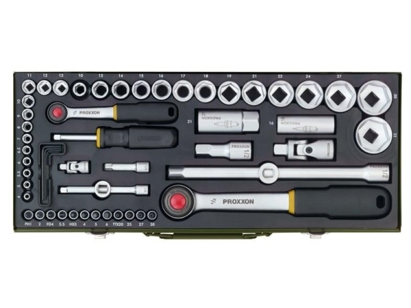 Proxxon 23 040, Socket Wrench Set, 56 Pc(S), Chrome, L-Shaped, Ratchet Handle, 1/4"