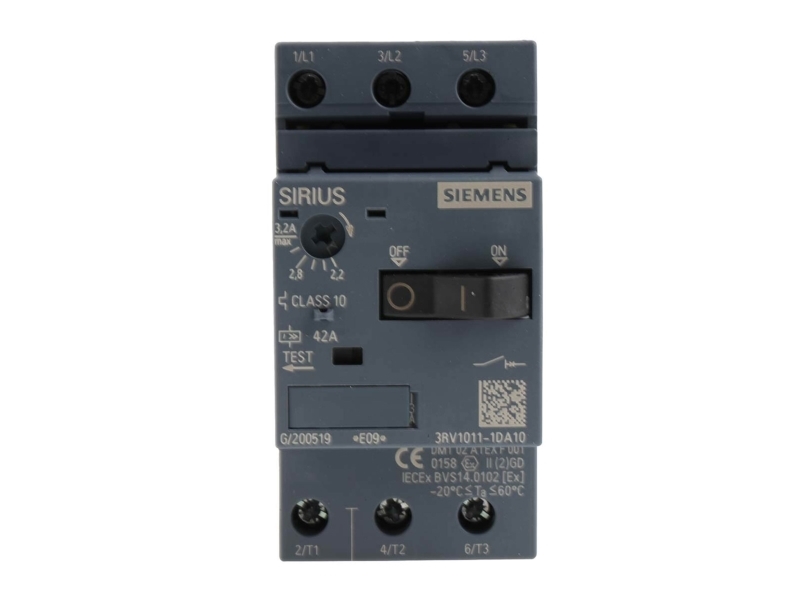 Siemens 3RV1011-1DA10 Strömbrytare 1 st 3 x strömbrytare Inställningsområde (ström): 2,2 - 3,2 A Kopplingsspänning (max.): 690 V/AC (B x H x D) 45 x 90 x 81 mm | EL Artiklar - Elcentral - Strömbrytare | GameStuff