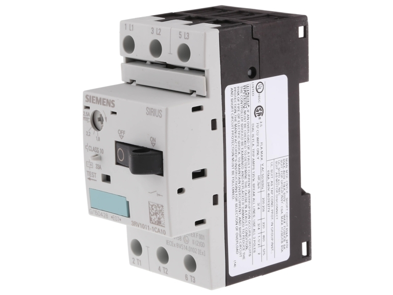 Siemens 3RV1011-1CA10 Effektafbryder 1 stk 3 x afbryder Indstillingsområde (strøm): 1.8 - 2.5 A Koblingsspænding (max.): 690 V/AC (B x H x T) 45 x 90 x 81 mm
