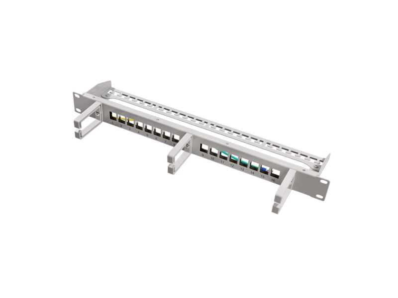 Logilink Keystone Panel 1U, 16 Ports, Shielded, Grey, With 3 Cable Management Rings