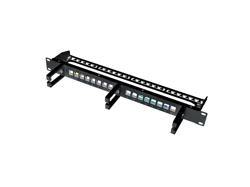 Logilink Keystone Panel 1U, 16 Ports, Shielded, Black, With 3 Cable Management Rings