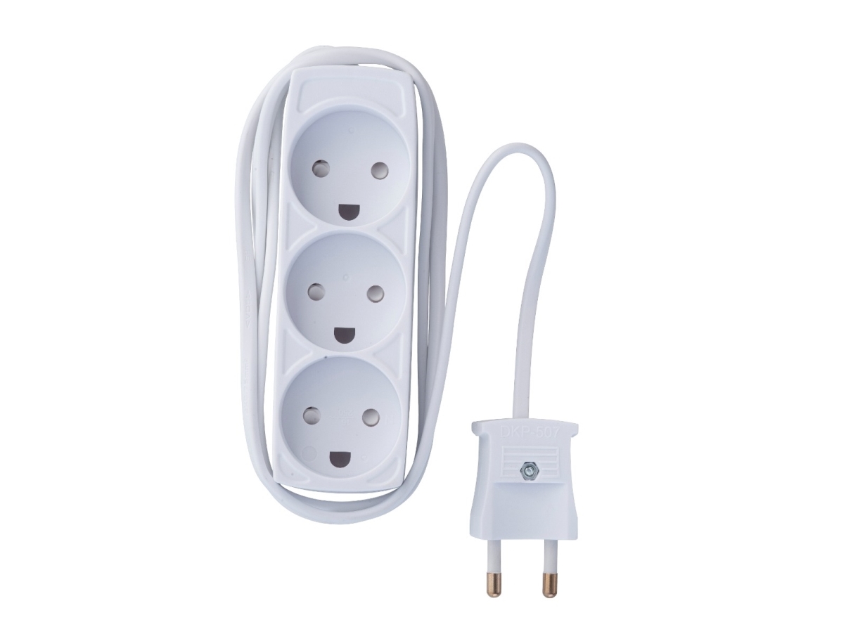 E-Line 3-facksuttag 2x0,75 mm2 - H03VVH2-F, ojordad, 1,5M kabel, vit