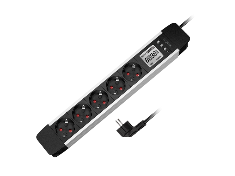 Logilink 5-Way Socket Strip,Bl/Sil Lcd Display,Real-Time Energy Consum.