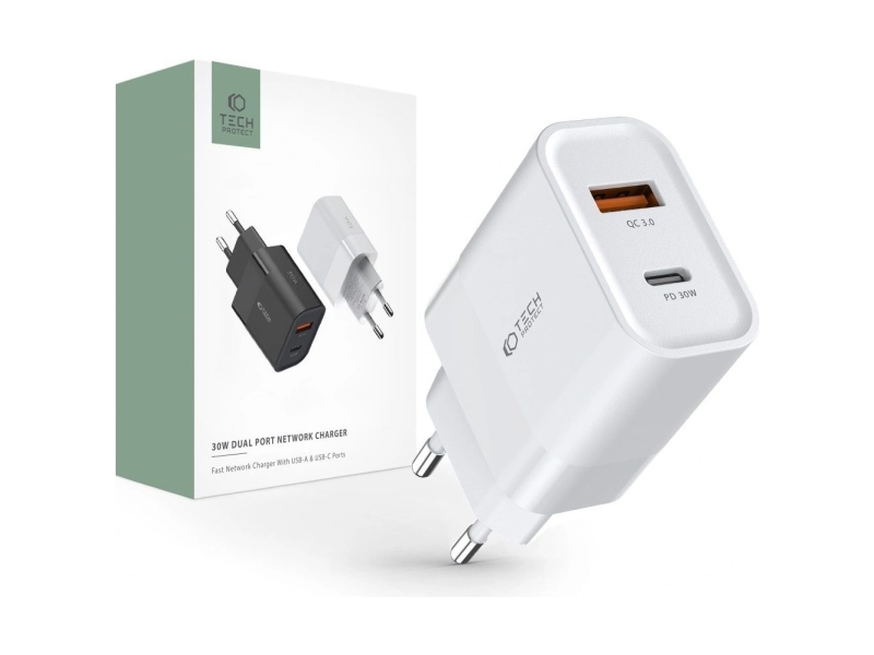 Tech-Protect C30W USB-C PD 30W / USB-A QC 3.0 Mains Charger - White