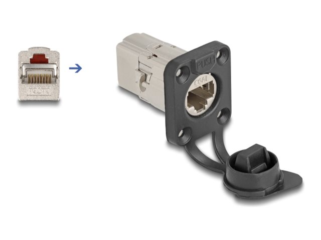 Delock D-Typ Rj45 Einbaubuchse / Kupplung Cat.6A Stp Mit Schutzkappe Ip66 Staub- Und Wasserdicht, Rj45, Rj45, Silber