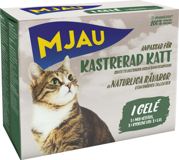 Mjau Bidder i Gelé med Kød og Fisk 8x85g Kattemad