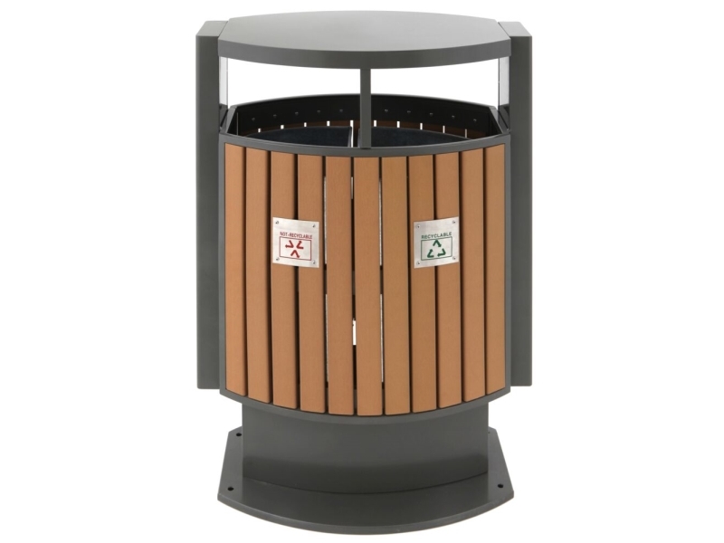 Außenabfallbehälter, V-Teil, Grau, Stahl/Holz, 2-Kammer, 2X39 L, Mit Metall-Inneneimer, Feuerhemmend