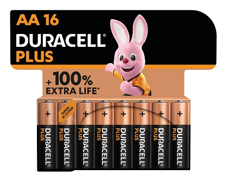 Duracell Plus, Kertakäyttöinen akku, AA, Alkali, 1,5 V, 16 kpl, musta, Kulta