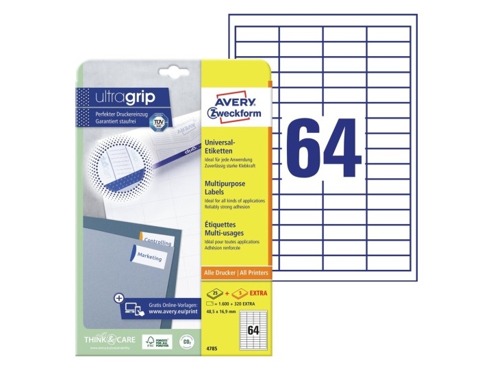 Avery 4785, Hvid, Rektandel, Permanent, A4, Universel, Papir