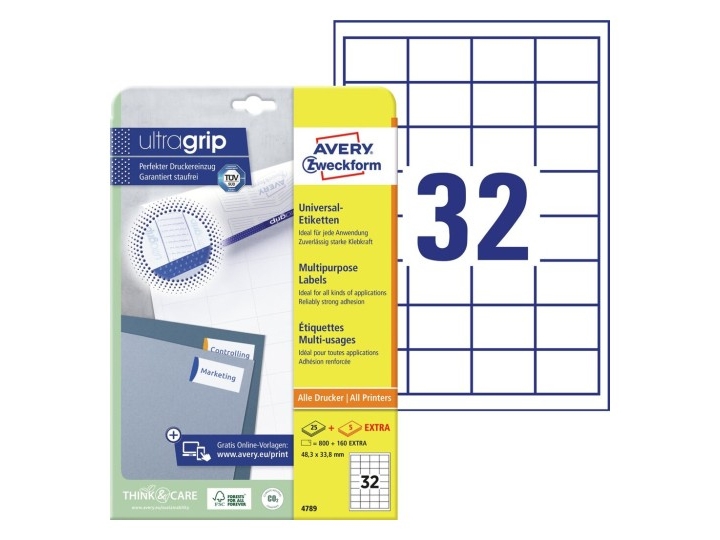 Avery 4789, Weiß, Rechteck, Permanent, A4, Universal, Papier