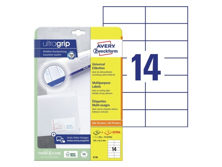 Avery 6136, Weiß, Rechteck, Permanent, A4, Universal, Papier