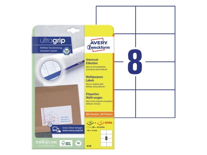 Avery 6138, Hvid, Rektandel, Permanent, A4, Universel, Papir