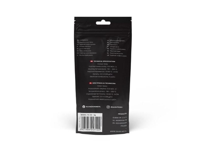 Savio TG-03, Termisk pasta, 13,5 W/mK, 2,9 g/cm³, Kulfiber, Sort, -50 - 250 °C | Datorkomponenter - Moderkort - Tillbehör | GameStuff