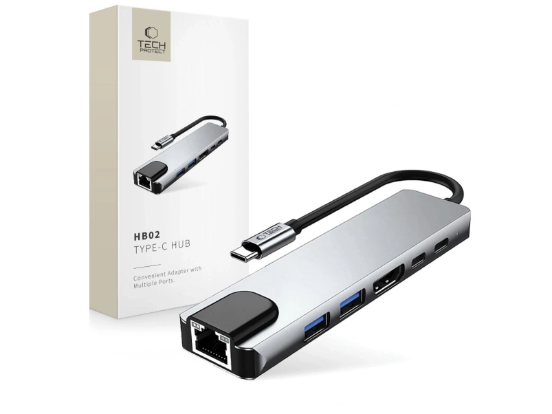 TECH-PROTECT HB02 HUB ADAPTER 6IN1 TYPE-C + USB2.0 + USB3.0 + HDMI 4K 30HZ + RJ45 + PD100W SPACE GREY