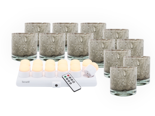 Securit Set 12 Stk. Ayla Glas-Teelichthalter, 12 Stk. Led-Teelichter Und Ladestation, Grau/Weißes Licht