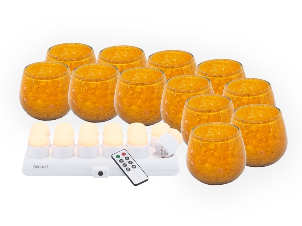 Securit Set 12 Stk. Luna Glas-Teelichthalter, 12 Stk. Led-Teelichter Und Ladestation, Golden Orange/Weißes Licht