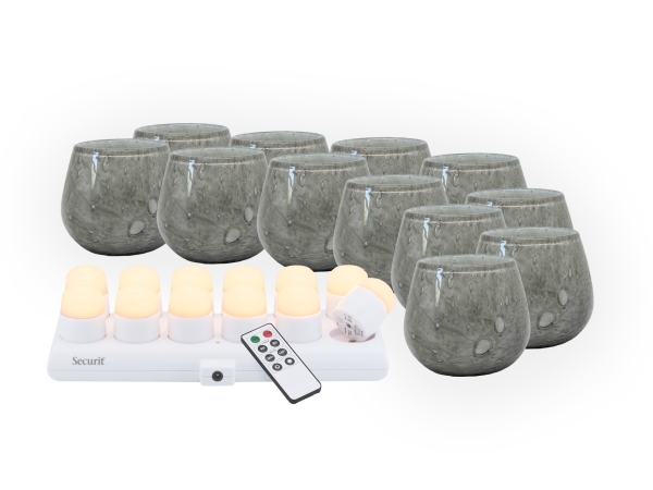 Securit Set 12 Stk. Luna Glasuntersetzer, 12 Stk. Led-Teelichter Und Ladestation Grau/Weißes Licht