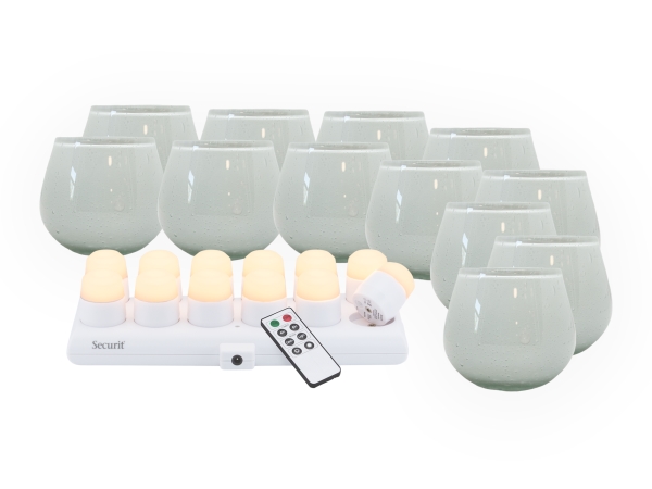 Securit Set 12X Luna Glas-Teelichthalter, 12X Led-Teelichter Und Ladestation, Weiß/Weißes Licht