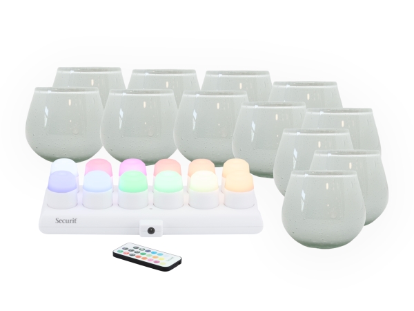 Securit® Sæt 12 stk. LUNA glasstager, 12 stk. LED fyrfadslys og ladestation, hvid+12 farver