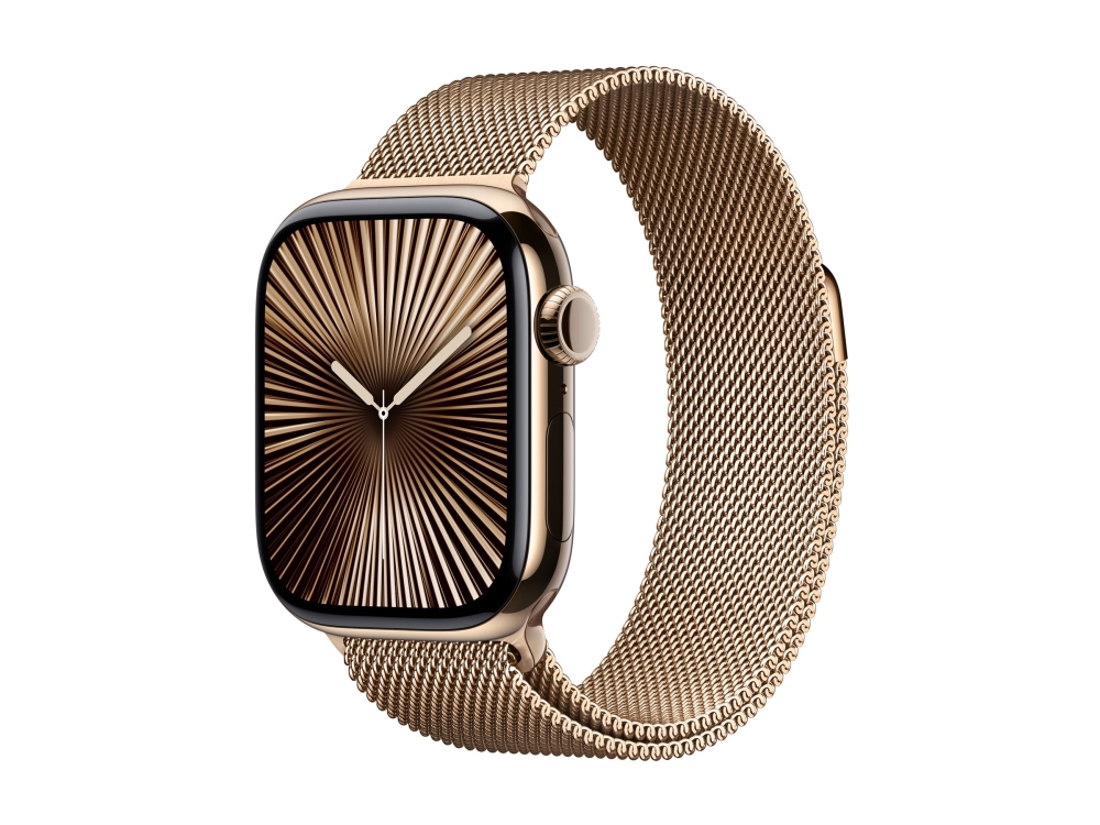 Apple Watch Series 10 (Gps + Cellular) - 42 Mm - Guld Titanium - Smart Ur Med Milanesisk Løkke - Rustfrit Stålnet - Guld - Håndledsstørrelse: 130-180