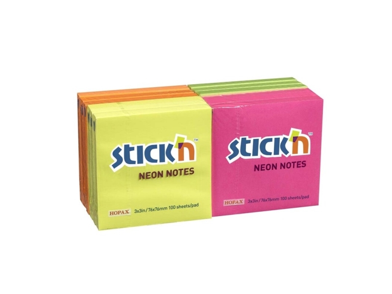 Notes Stick'N Neon - Gul, blå, magenta, grøn 12 blokke 76x76mm