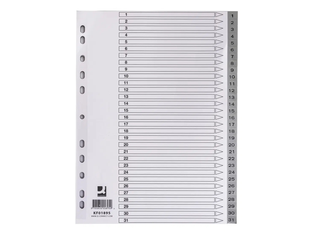 Q-CONNECT KF01895, Numeriska registerflikar, Grå, Poträtt, 1 styck | Arkivlådor | GameStuff