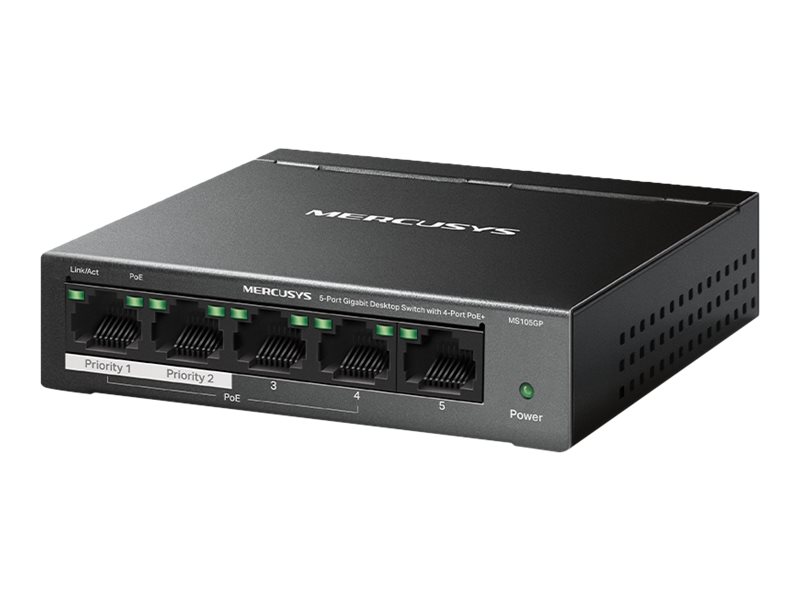 Mercusys MS105GP V1 - Switch - 5 x 10/100/1000 (4 PoE+) - stasjonær, veggmonterbar - PoE+ (65 W)