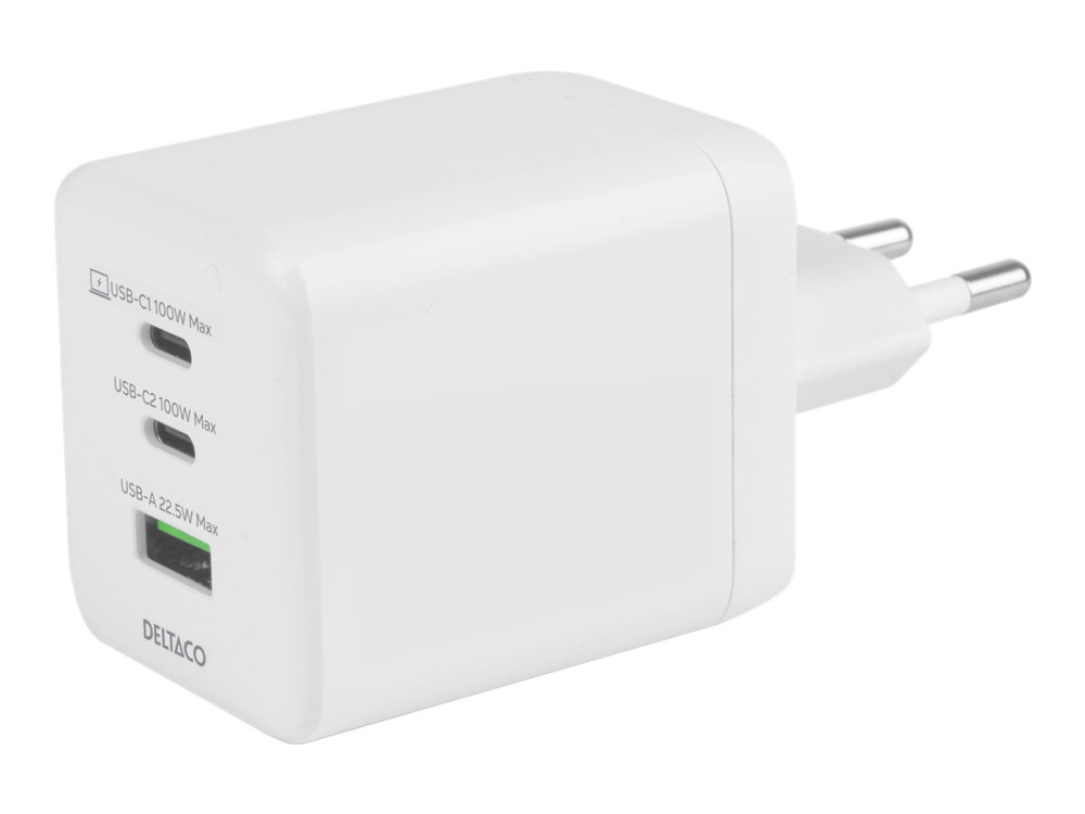 DELTACO Wall Charger - Strömadapter - GaN - 100 Watt - 5 A (USB typ A, 2 x USB-C) - vit | Tele & GPS - Batteri & Laddare - Laddare | GameStuff