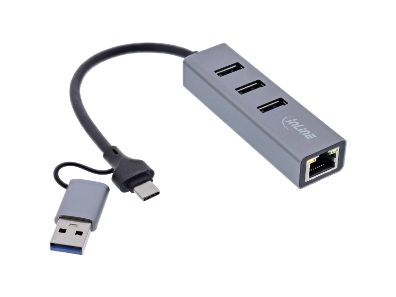 Inline 33380S, Usb 3.2 Gen 1 (3.1 Gen 1) Type-A + Type-C, Rj-45, Usb 3.2 Gen 1 (3.1 Gen 1) Type-A, 5000 Mbit/S, Grå, Aluminium, 165 M