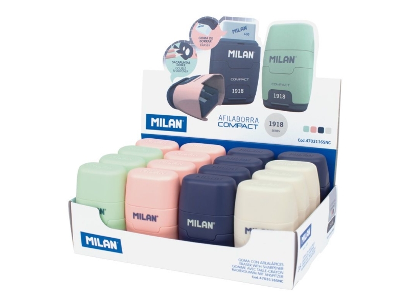 Milan Compact 1918 Doppel-Bleistiftspitzer Und Radiergummi, 16-Teiliges Display